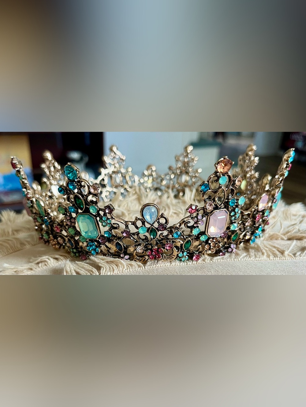 Gold Multicolor Jeweled Tiara Crown - Women Accessories